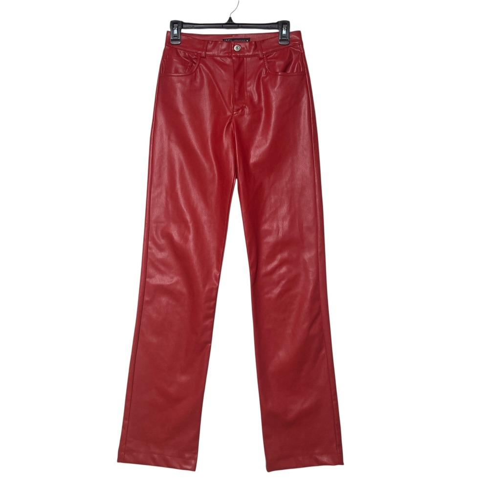 Zara Womens Red Faux Leather Straight Leg Pants High Rise XS 25x31 Slim Fit